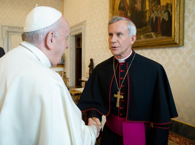 File photo of Pope Francis greeting Bishop Joseph E. Strickland of Tyler, Texas, during a Jan. 20, 2020, meeting with U.S. bishops from Arkansas, Oklahoma and Texas during their "ad limina" visits to the Vatican. The Holy See Press Office announced Nov. 11, 2023, that Pope Francis has "relieved" Bishop Strickland from the pastoral governance of the Diocese of Tyler. (OSV News/Vatican Media)