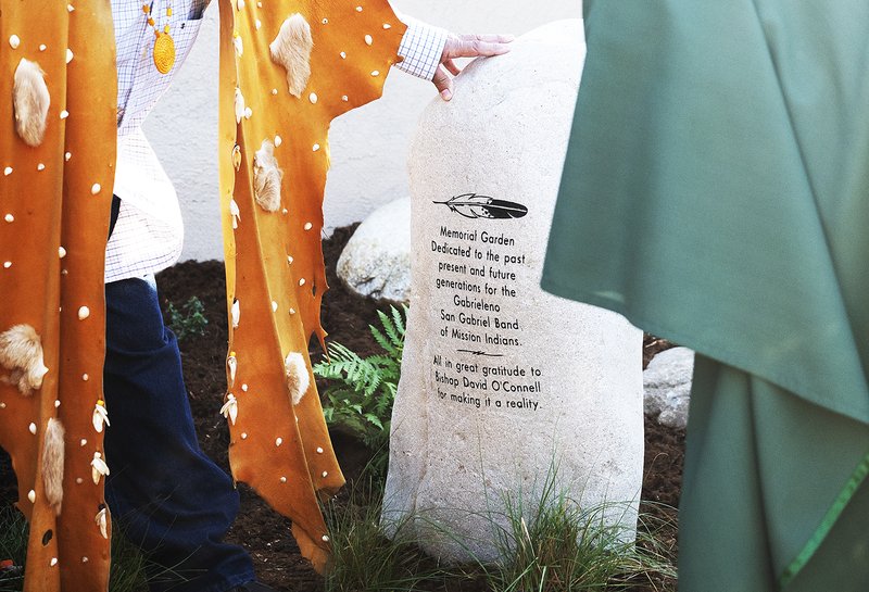 Since the new Native garden installed at at Mission San Gabriel Arcángel was sponsored by the late Bishop David O’Connell, a monument was placed in memory of him. (Victor Alemán)