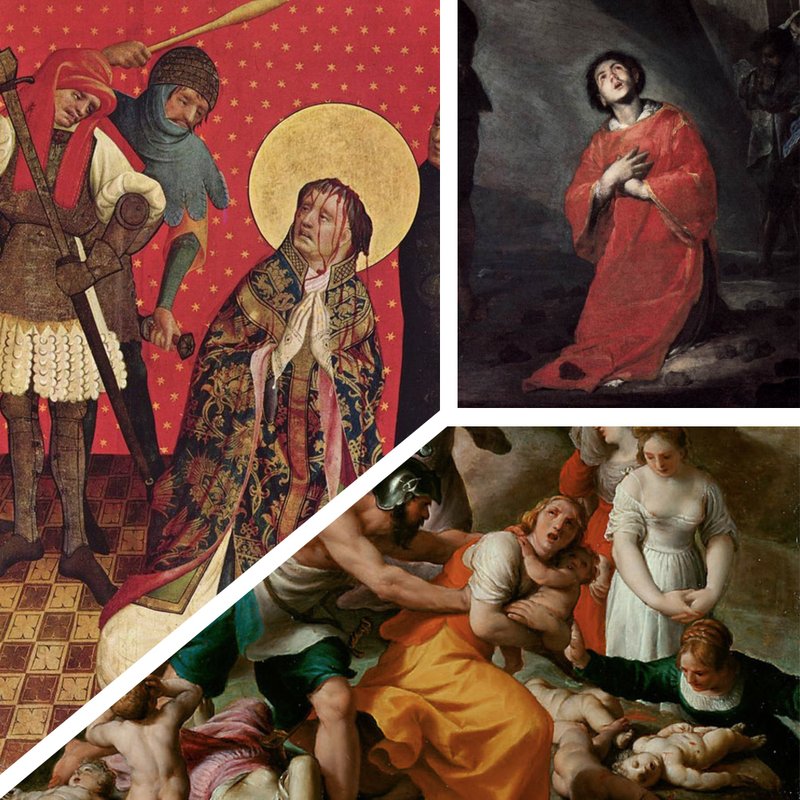 A collage depicting martyrdoms of St. Thomas Becket, St. Stephen and the Holy Innocents, who are remembered by the church between Christmas Day and New Year's Day. Details from paintings by Meister Francke, Bernardo Cavallino and Alessandro Turchi, respectively, are all in the public domain. (OSV News/Public Domain)