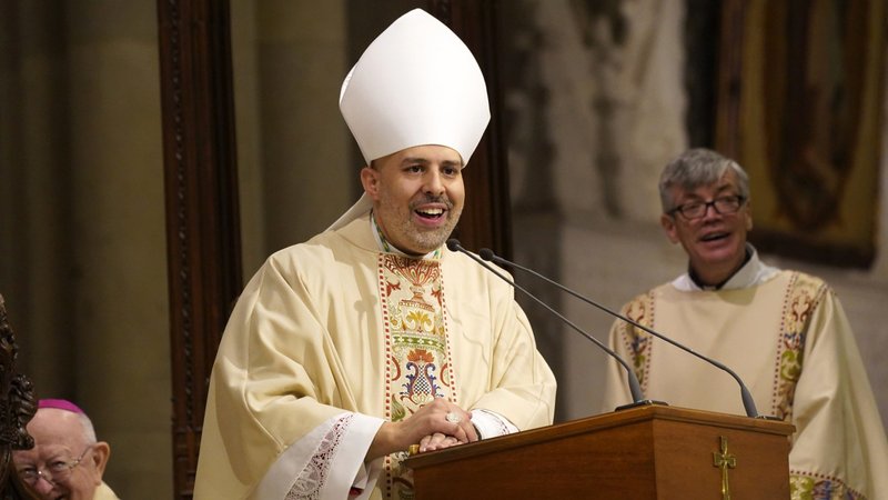 New York Auxiliary Bishop Joseph A. Espaillat addresses the congregation during his episcopal ordination March 1, 2022, at St. Patrick's Cathedral in New York City. At age 45, Bishop Espaillat is the U.S. Catholic Church's youngest bishop. (CNS/Gregory A. Shemitz)