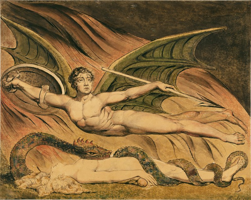 “Satan Exulting over Eve (detail),” 1795. Graphite, pen and black ink, and watercolor over a color print.