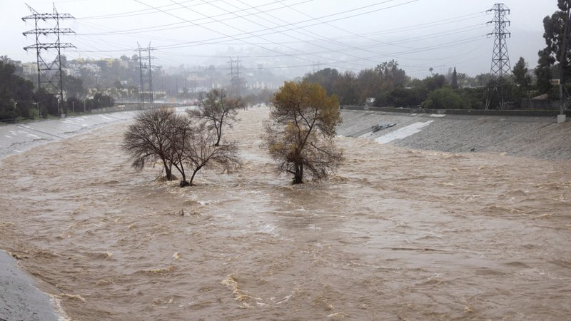 The Los Angeles River in Studio City is pictured on Feb. 5 during heavy rains. One of the wettest storms in Southern California history unleashed at least 475 mudslides in the Los Angeles area after dumping more than half the amount of rainfall the city typically gets in a season in just two days. (OSV News/Aude Guerrucci, Reuters)