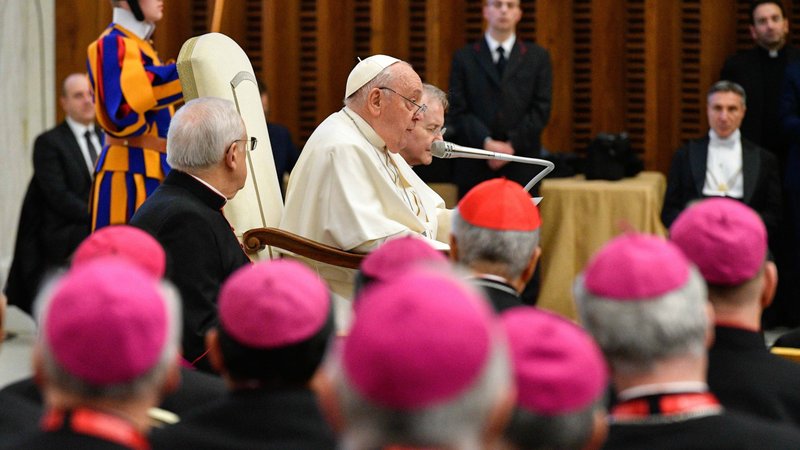 Pope Francis speaks to participants in an international conference on the ongoing formation of priests sponsored by the dicasteries for Clergy, for Evangelization and for the Eastern Churches in the Paul VI Audience Hall at the Vatican on Feb. 8, 2024. (CNS/Vatican Media)