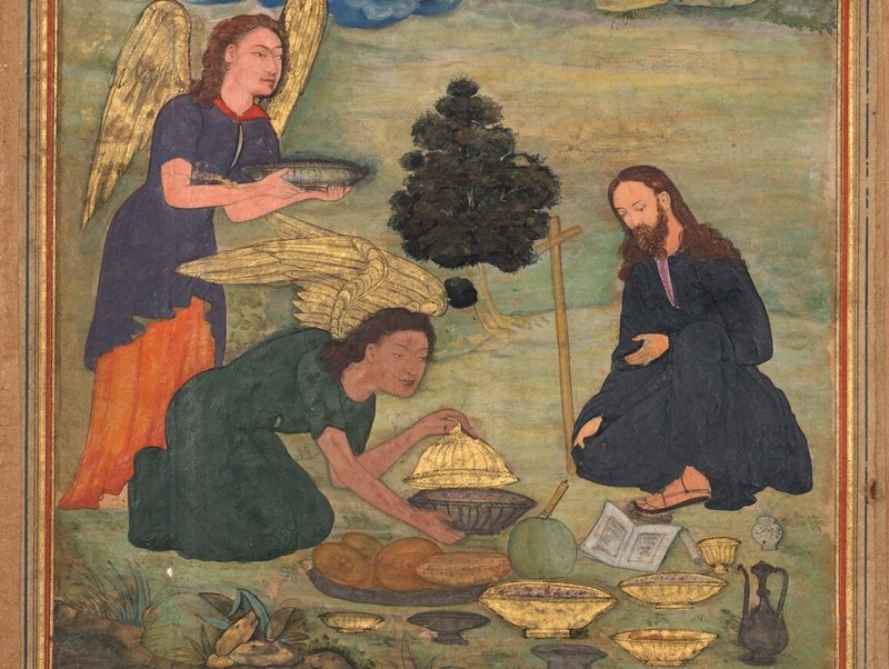 “Angels Bring Food to Jesus in the Desert,” from a Mir-at al-quds of Father Jerome Xavier, 1549-1617, Spanish. (Wikimedia Commons)