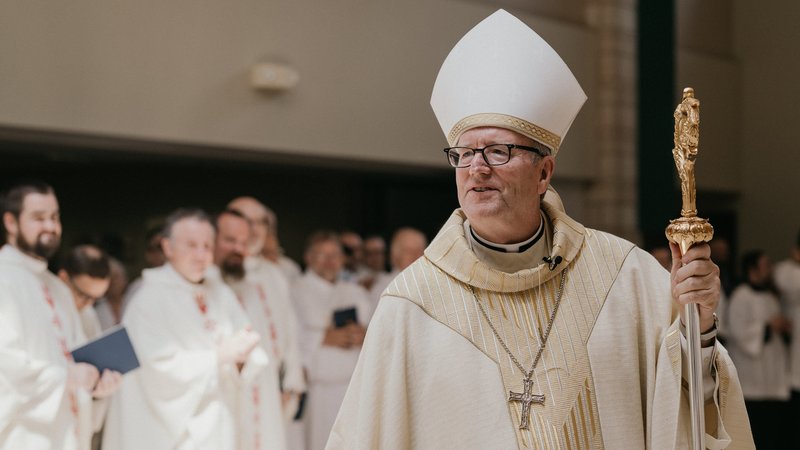 Bishop Robert E. Barron, formerly a Los Angeles auxiliary bishop and founder of the Catholic media apostolate Word on Fire, is seen at St. John the Evangelist Co-Cathedral in Rochester, Minn., July 29, 2022, where he was installed as the ninth bishop of the Diocese of Winona-Rochester. (CNS/Clare LoCoco, courtesy Word on Fire Catholic Ministries)