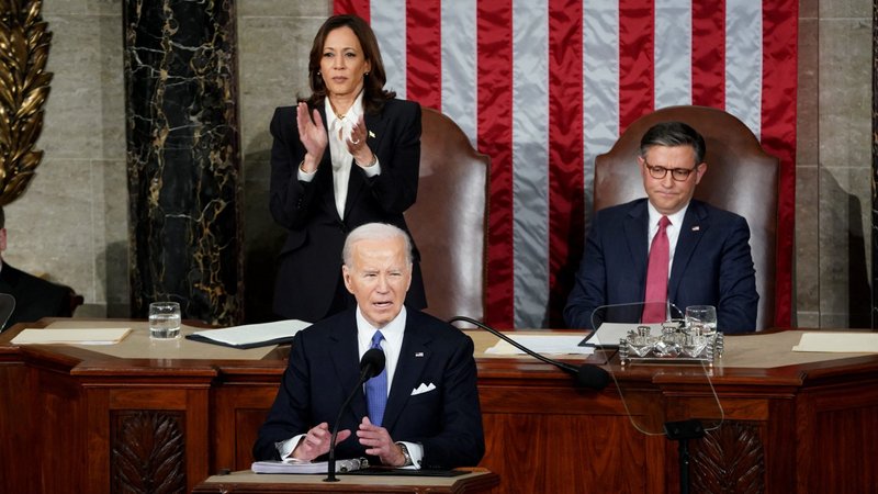 U.S. President Joe Biden delivers the State of the Union address at the U.S. Capitol in Washington March 7, 2024. In the background are Vice President Kamala Harris and House Speaker Mike Johnson, R-La. (OSV News/Shawn, Thew Reuters)