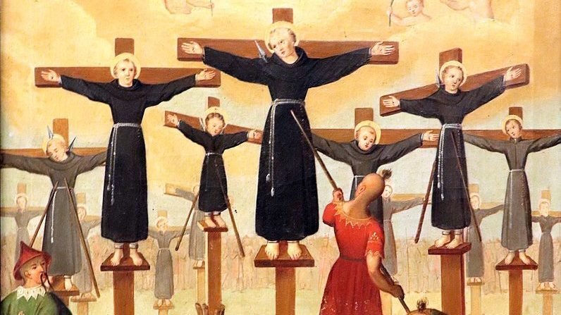 “The Crucifixion of the Martyrs of Nagasaki,” a painting in the Franciscan convent of the Lady of the Snows in Prague. (Wikimedia Commons)