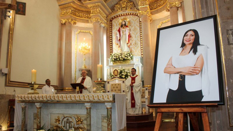 A framed photo of Gisela Gaytán Gutiérrez, candidate for the ruling party Morena who was running for mayor of Celaya, Mexico, is seen during her funeral Mass April 3, 2024, at Immaculate Conception Cathedral in Celaya in the state of Guanajuato, northwest of Mexico City. She was killed April 1 by unknown assailants. (OSV News photo/Juan Moreno, Reuters)