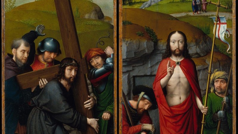 "Christ Carrying the Cross, with the Crucifixion; The Resurrection, with the Pilgrims of Emmaus," by Gerard David, c. 1510. (Metropolitan Museum of Art)