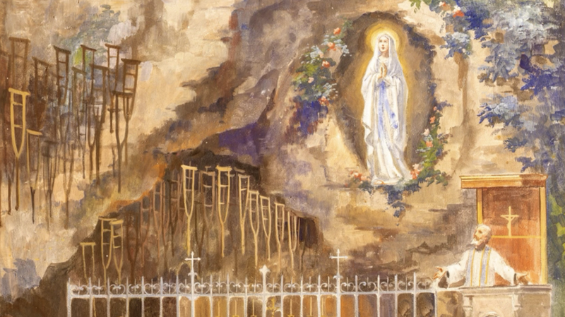 The fresco of prayer and miracles in Lourdes, in Chiesa di San Giuseppe by Umberto Collona, 20th c. (Shutterstock)