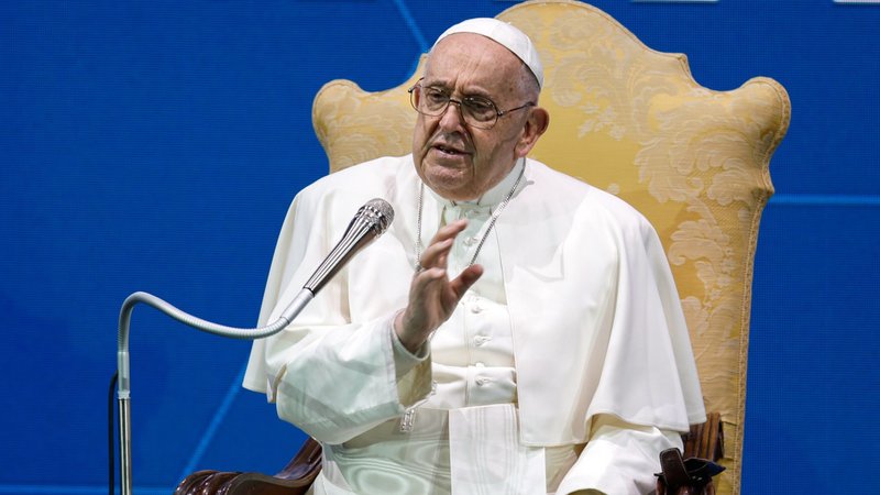 Pope Francis speaks at a meeting on Italy's declining birthrate at an auditorium in Rome May 10, 2024. (CNS photo/Lola Gomez)