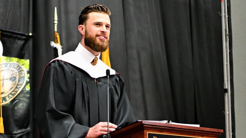 Harrison Butker, kicker for the Super Bowl LVIII champion Kansas City Chiefs, delivers the May 11, 2024, commencement address at Benedictine College in Atchison, Kan. (OSV News photo/Todd Nugent, courtesy Benedictine College)