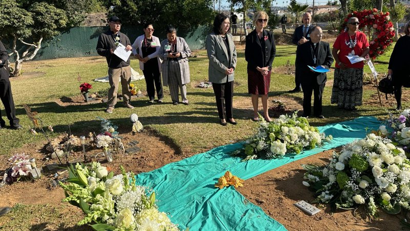 LA County Supervisors Hilda Solis and Janice Hahn with Auxiliary Bishop Brian Nunes at an interfaith burial service last December at Evergreen Cemetery for nearly 2,000 unclaimed dead in LA County. (Submitted photo)