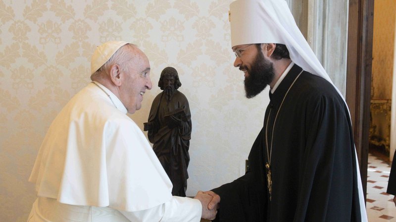 Pope Francis greets Metropolitan Anthony of Volokolamsk, head of external relations for the Russian Orthodox Church, at the Vatican Aug. 5, 2022. (CNS photo/Vatican Media)