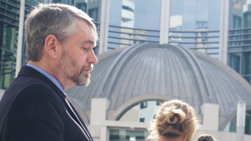 Paul Vaughn, one of four pro-life activists who went on trial for participating in a 2021 blockade of a Mount Juliet, Tenn., abortion clinic, is pictured praying outside the Fred D. Thompson U.S. Courthouse and Federal Building in Nashville, following a guilty verdict Jan 30, 2024. (OSV News photo/courtesy Thomas Moore Society)