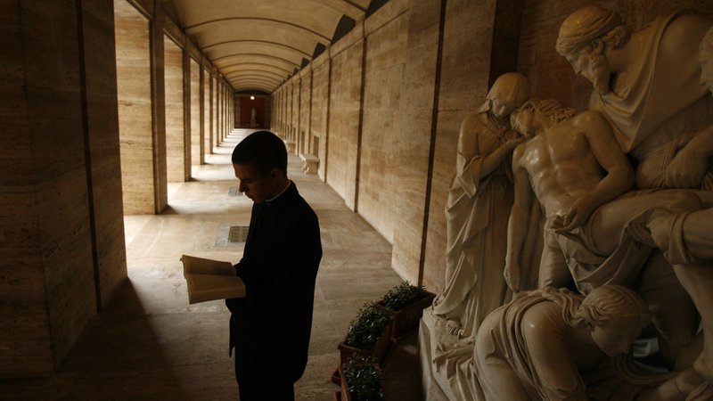 A Legionaries of Christ seminarian is silhouetted as he attends a Mass in the chapel of Regina Apostolorum University in Rome in this 2013 file photo. (CNS/Paul Haring)