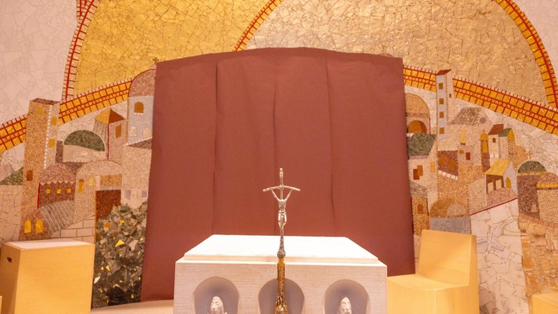 Paper covers the mosaics of Father Marko Rupnik July 23, 2024, in the Luminous Mysteries Chapel at the St. John Paul II National Shrine in Washington. (OSV News photo/Mihoko Owada)