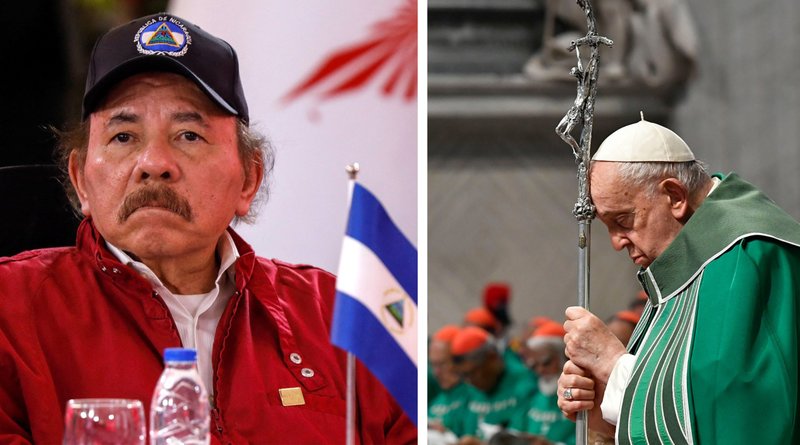 Nicaraguan President Daniel Ortega and Pope Francis are pictured in a combination photo. The Vatican confirmed Aug. 9, 2024, that seven priests expelled from Nicaragua arrived in Rome Aug. 8. They had been detained in an assault on a diocese headed by an outspoken bishop as the Ortega regime continued debilitating church and forcing its critics into exile. (OSV News photo//Leonardo Fernandez Viloria, Reuters/Vatican Media)