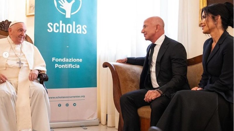 Pope Francis is seen meeting with Amazon founder Jeff Bezos and his fiancée, Lauren Sánchez, at the Vatican in this Aug. 19, 2024, screengrab of an Instagram post by Sánchez. (CNS screengrab/Instagram)