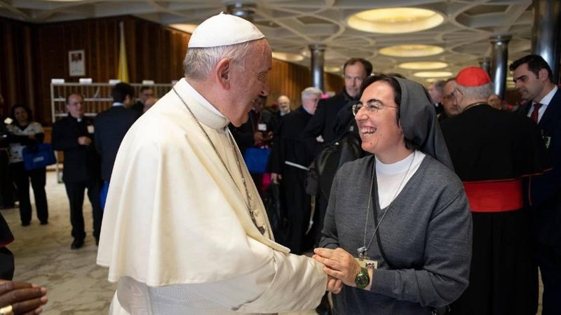 Sister Alessandra Smerilli with Pope Francis at the Vatican in an undated photo. (CNS/Vatican Media, courtesy Dicastery for Promoting Integral Human Development)