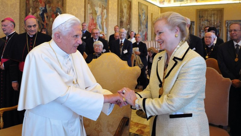 Pope Benedict XVI meets Mary Ann Glendon, former U.S. ambassador to the Vatican and president of the Vatican’s Pontifical Academy of Social Sciences, during a meeting with participants in a plenary session of the academy at the Vatican April 30, 2010. (CNS/L'Osservatore Romano)