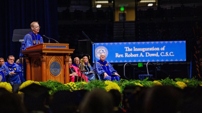 Holy Cross Father Robert Dowd speaks at his inauguration as the 18th president of the University of Notre Dame in Notre Dame, Ind., Sept. 13, 2024. (OSV News photo/Peter Ringenberg, University of Notre Dame)