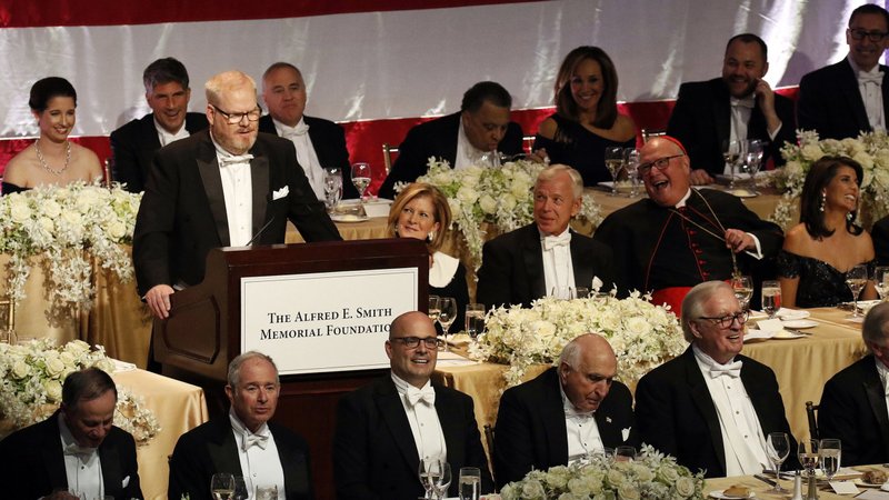 Comedian Jim Gaffigan serves as the master of ceremonies during the 73rd annual Alfred E. Smith Memorial Foundation Dinner in New York City Oct. 18, 2018. Gaffigan is set to emcee the 2024 Al Smith charity dinner Oct. 17. Vice President Kamala Harris, the Democratic presidential nominee, said Sept. 21 she will not attend the dinner. Former President Donald Trump, the Republican nominee, confirmed his attendance in a social media post Sept. 23. The Catholic charities fundraiser has become a staple for presidential nominees in election years. (OSV News photo/Gregory A. Shemitz)