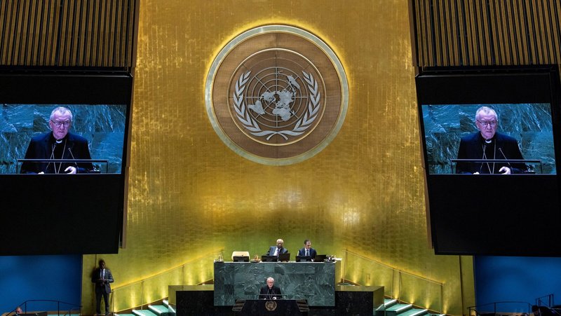 Secretary of State of the Holy See Cardinal Pietro Parolin addresses the 79th United Nations General Assembly at U.N. headquarters in New York Sept. 28, 2024. (OSV News photo/Eduardo Munoz, via Reuters)