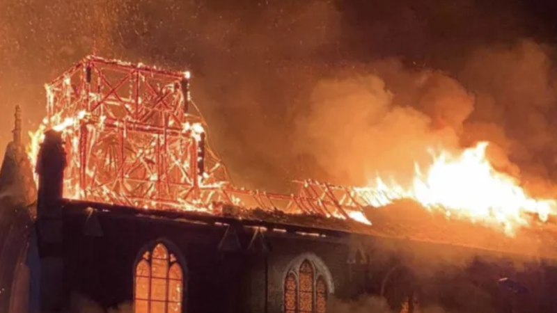 The historic Church of the Immaculate Conception in Saint-Omer, in the Pas-de-Calais department of northern France, was ravaged by arson on the night of Sept. 2, 2024. (Courtesy of Father Sébastien Roussel via CNA)