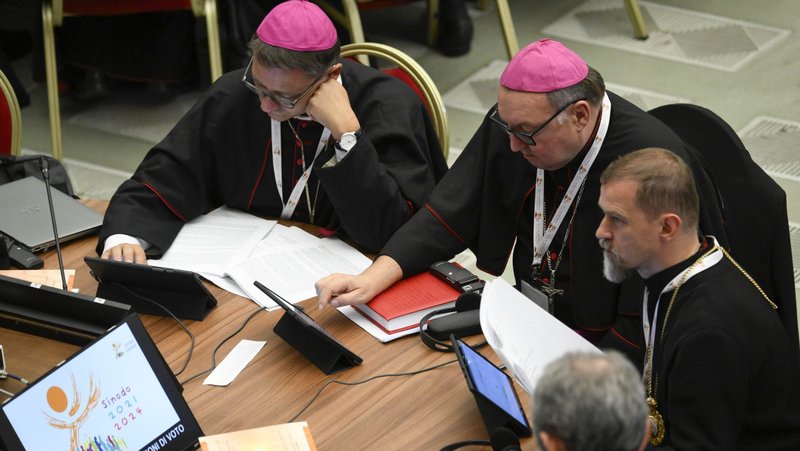 Members of the assembly of the Synod of Bishops use tablets to vote on the gathering's synthesis document Oct. 28, 2023, in the Paul VI Hall at the Vatican. (CNS photo/Vatican Media)