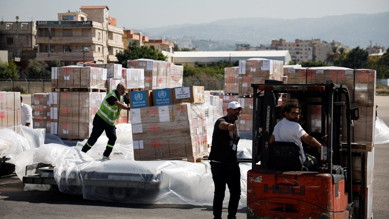 A shipment of medical aid from the World Health Organization and the U.N. High Commissioner for Refugees arrives at the Beirut-Rafic Hariri International Airport Oct. 4, 2024. (OSV News photo/Louisa Gouliamaki, Reuters)