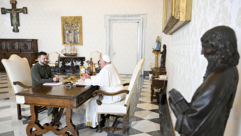 Pope Francis meets with Ukrainian President Volodymyr Zelenskyy at the Vatican Oct. 11, 2024. (CNS photo/Vatican Media)