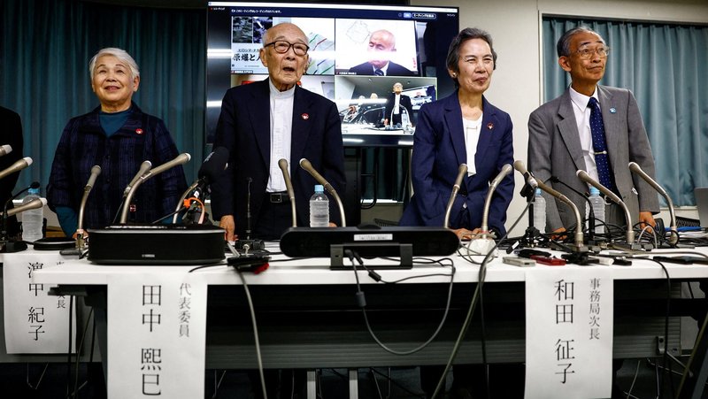 Atomic bomb survivors and members of Nihon Hidankyo, a country-wide organization of atomic and hydrogen bomb sufferers, including Nihon Hidankyo Assistant Secretary General Toshiko Hamanaka, Co-chairperson Terumi Tanaka, Assistant Secretary General Masako Wada, Assistant Secretary General Jiro Hamasumi attend a press conference on the following day of the group winning the 2024 Nobel Peace Prize, in Tokyo Oct. 12, 2024. (OSV News photo/Issei Kato, Reuters)