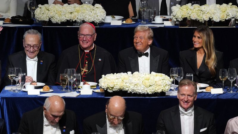 U.S. Senate Majority Leader Chuck Schumer, D-N.Y., New York Cardinal Timothy M. Dolan, former U.S. President and 2024 Republican presidential nominee Donald Trump and Trump's wife Melania smile during the 79th annual Alfred E. Smith Memorial Foundation Dinner in New York City Oct. 17, 2024. (OSV News photo/Gregory A. Shemitz)