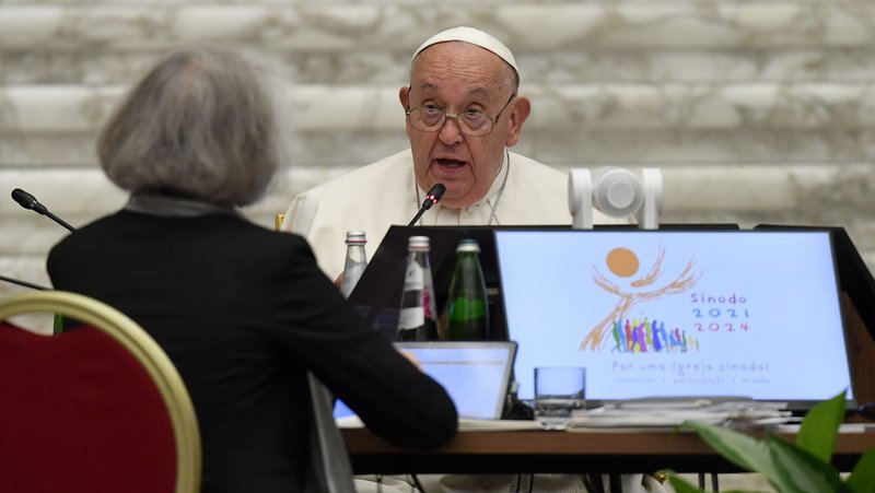 Pope Francis speaks to members of the Synod of Bishops on synodality after they approved their final document Oct. 26, 2024, in the Paul VI Audience Hall at the Vatican. (CNS photo/Vatican Media)