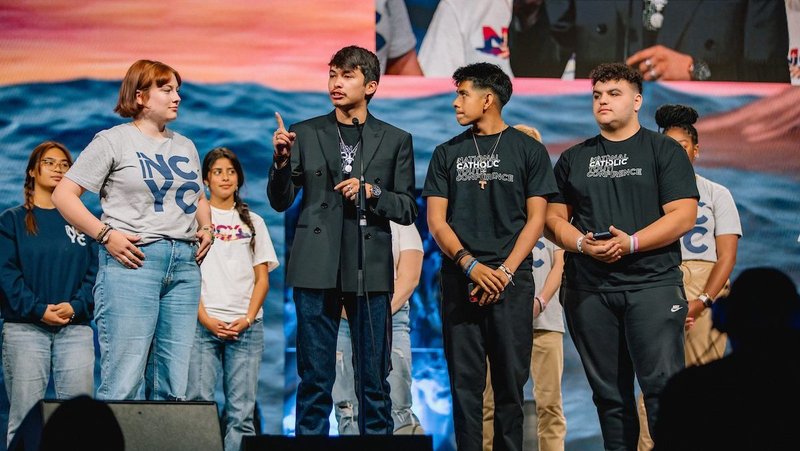 Members of the National Youth Advisory Council speak during the 2022 National Catholic Youth Conference in Long Beach, Calif. The 2024 NCYC will be held again in Long Beach Nov. 14-16. (OSV News photo/courtesy National Federation for Catholic Youth Ministry)