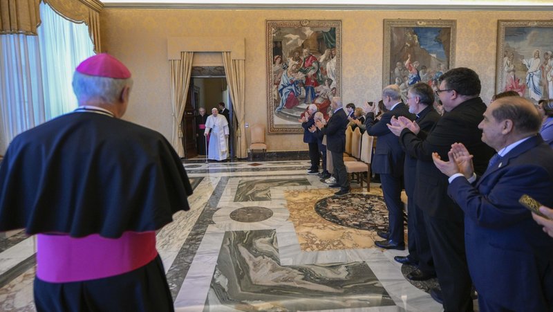 Pope Francis greets the educational engagement branch of the Italian lay Catholic Action movement during an audience at the Vatican Oct. 31, 2024. (CNS photo/Vatican Media)