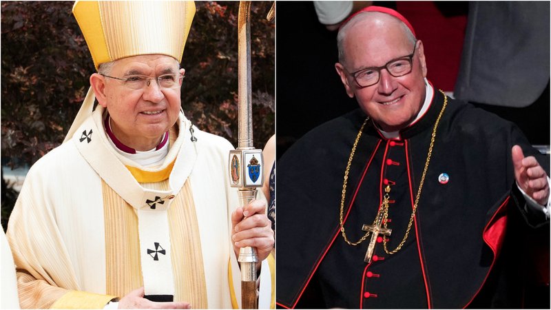 Los Angeles Archbishop José H. Gomez, left, and New York Cardinal Timothy Dolan, right. (Victor Alemán; OSV News photo/Gregory A. Shemitz)