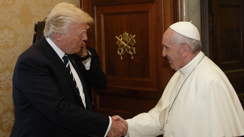 Pope Francis greets U.S. President Donald Trump during a private audience at the Vatican May 24, 2017. (CNS/Paul Haring)