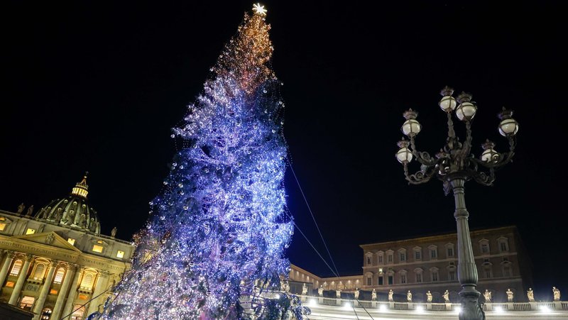 The Christmas tree is lighted in St. Peter's Square at the Vatican Dec. 9, 2023. (CNS photo/Lola Gomez)