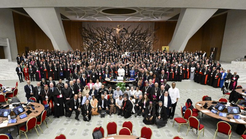 Pope Francis and members of the Synod of Bishops on synodality pose for a photo after the synod's final working session Oct. 26, 2024, in the Paul VI Audience Hall at the Vatican. (CNS photo/Vatican Media)
