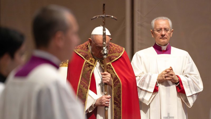 Pope Francis holds his crosier as the Gospel is read during a memorial Mass for cardinals and bishops who died in the past year at the Altar of the Chair in St. Peter’s Basilica at the Vatican, Nov. 4, 2024. (CNS photo/Lola Gomez)