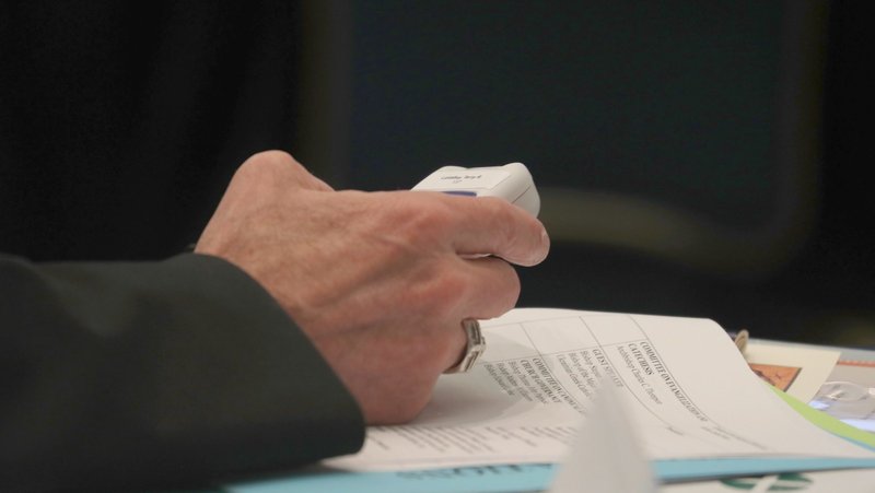 Bishop Terry R. LaValley of Ogdensburg, N.Y., holds his electronic voting machine during a Nov. 12, 2024, session of the fall general assembly of the U.S. Conference of Catholic Bishops in Baltimore. (OSV News photo/Bob Roller)