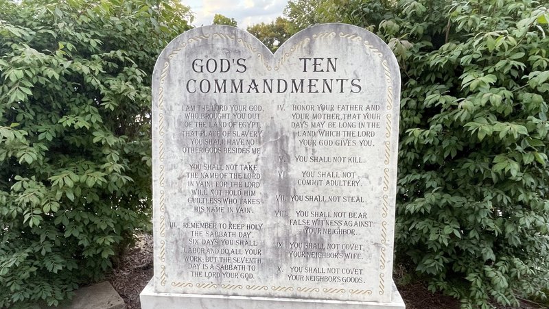 The Ten Commandments etched in stone are on display June 22, 2024, outside St. Thomas More Church in Kansas City, Mo. (OSV News photo/Megan Marley)