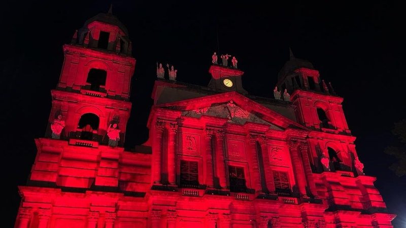 The Cathedral of St. Joseph of Nazareth in Toluca, Mexico, is seen illuminated on November 2023 for "Red Wednesday" initiative as part of the Aid to the Church in Need commemoration for persecuted Christians. (OSV News photo/courtesy ACN)