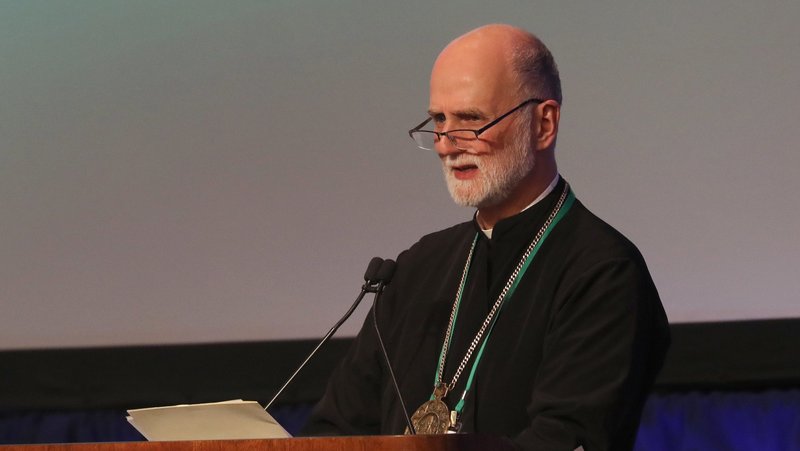 Archbishop Borys A. Gudziak of the Ukrainian Catholic Archeparchy of Philadelphia, head of the U.S. bishops' Committee on Domestic Justice and Human Development, speaks during a Nov. 13, 2024, session of the fall general assembly of the U.S. Conference of Catholic Bishops in Baltimore. (OSV News photo/Bob Roller)