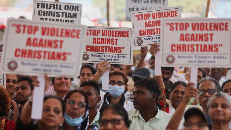 People hold placards during a protest in Mumbai, India, April 12, 2023, against what they claim are attacks on the Christian community, churches and institutions across India. (OSV News photo/Francis Mascarenhas, Reuters)