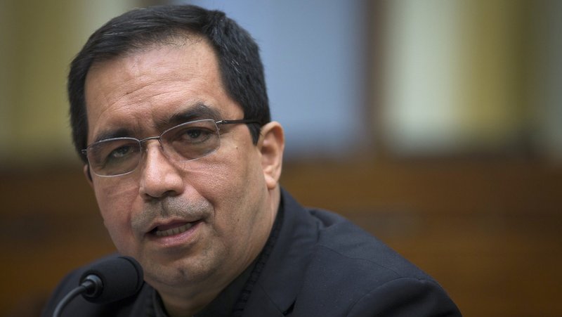 Archbishop José Escobar Alas of San Salvador is pictured in Washington April 13, 2018. Archbishop Escobar told reporters at a Dec. 1. 2024, news conference that President Nayib Bukele's nascent enthusiasm for gold mining would "cause grave, irrevocable damage to people's lives and health and that doesn't have a price." (CNS photo/Tyler Orsburn)