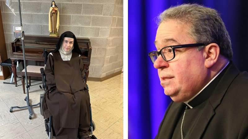 Sister Teresa Agnes Gerlach of Jesus Crucified, former prioress of the Monastery of the Most Holy Trinity in Arlington, Texas, and Bishop Michael F. Olson of Fort Worth, Texas, are pictured in an undated combination photo. The Holy See declared the Texas monastery "extinct" in a decree Nov. 28, 2024, a month after its residents were dismissed from the Carmelite order and religious life over "their notorious defection from the Catholic faith" following a bitter feud with Bishop Olson over his April 2023 investigation of the former prioress. (OSV News photo/courtesy Matthew Bobo and Bob Roller)