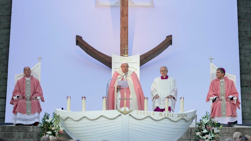 Pope Francis delivers his homily as he celebrates Mass on Gaudete Sunday in Austerlitz Square in Ajaccio, France, Dec. 15, 2024. (CNS photo/Lola Gomez)